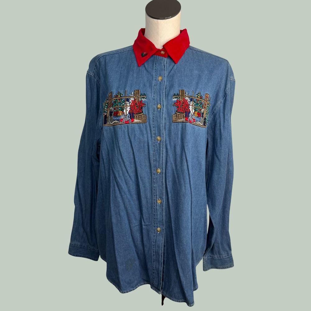 Christmas Window Cat Denim Shirt Red Velvet Collar Blue Large VTG Y2K Mom Style